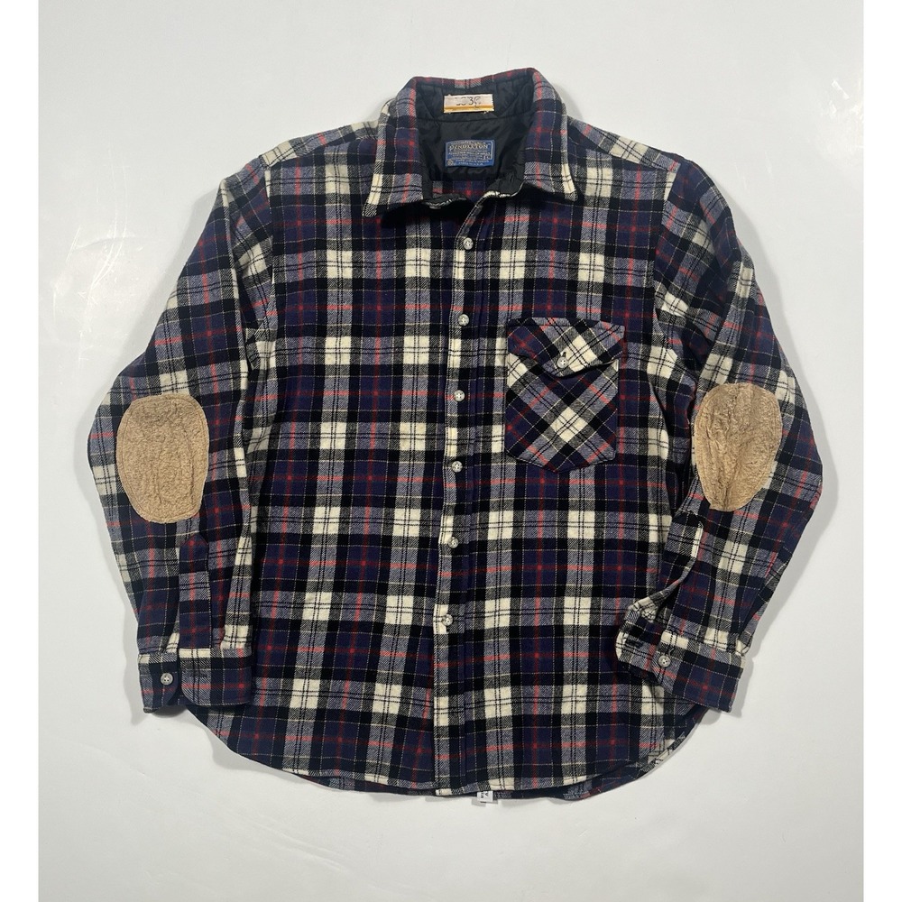 VTG Pendleton Lobo Flannel Shirt Mens Large Red Wool Elbow Patch USA 70s